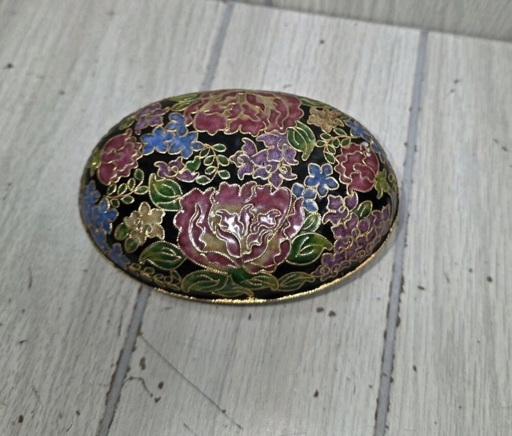 Vintage Cloisonné Trinket Box Floral Enamel Oval Egg Vanity Decor Jewelry Holder